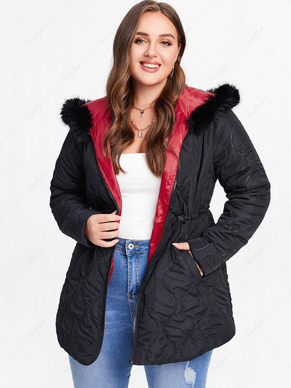 Faux Fur Panel Elastic Waisted Hooded Quilted Jacket