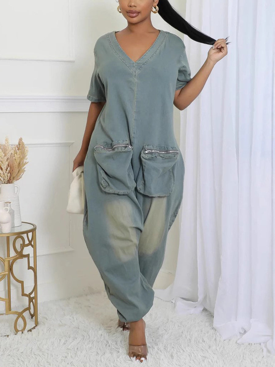 Pockets Bagged Denim Jumpsuit