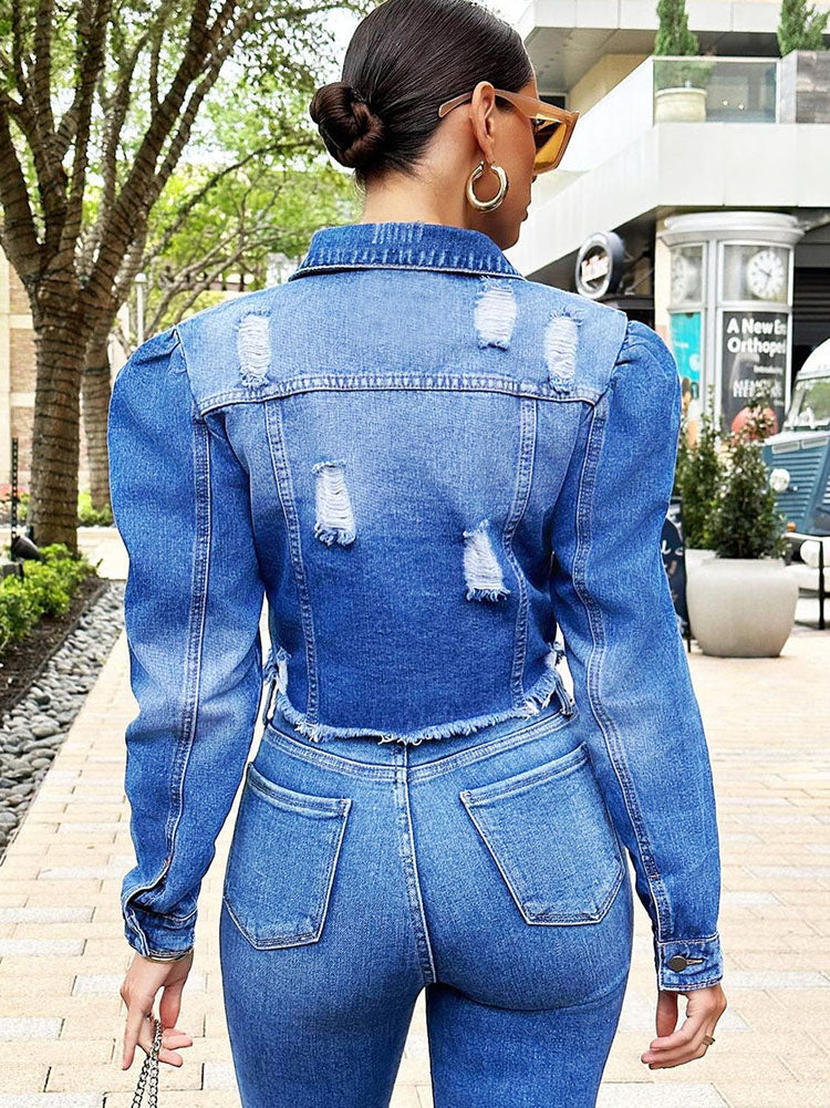 Denim Long Sleeve Ripped Jacket