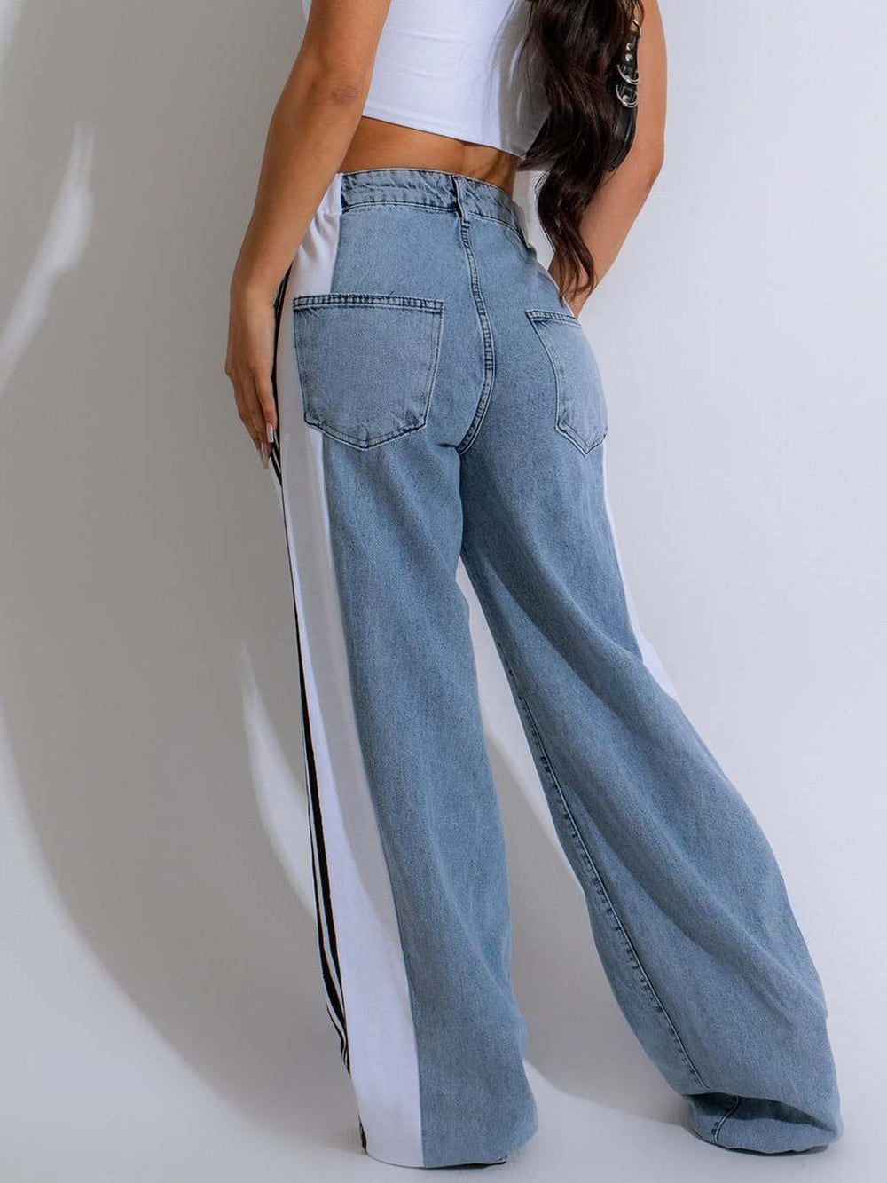 Patchwork Stripe Wide Leg Denim Pants
