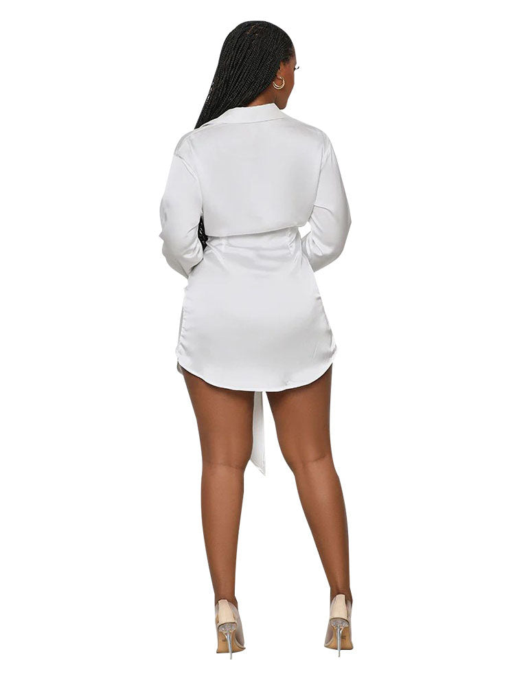 Mini vestidos camiseros fruncidos con botones y cuello en V con solapa y manga larga