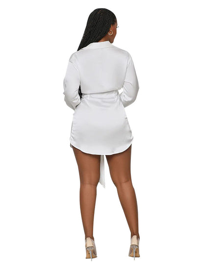 Mini vestidos camiseros fruncidos con botones y cuello en V con solapa y manga larga