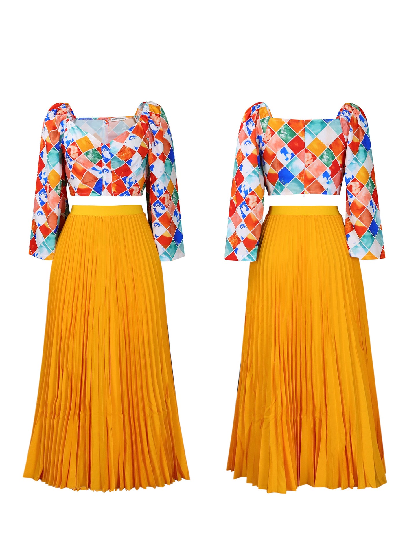 V-Neck Printed Top & Pleated Skirt Two-Piece Set