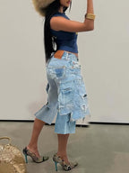 Asymmetrical Distressed Denim Capri Pants