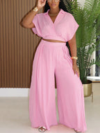 Solid Color Top Wide-Leg Pants Set