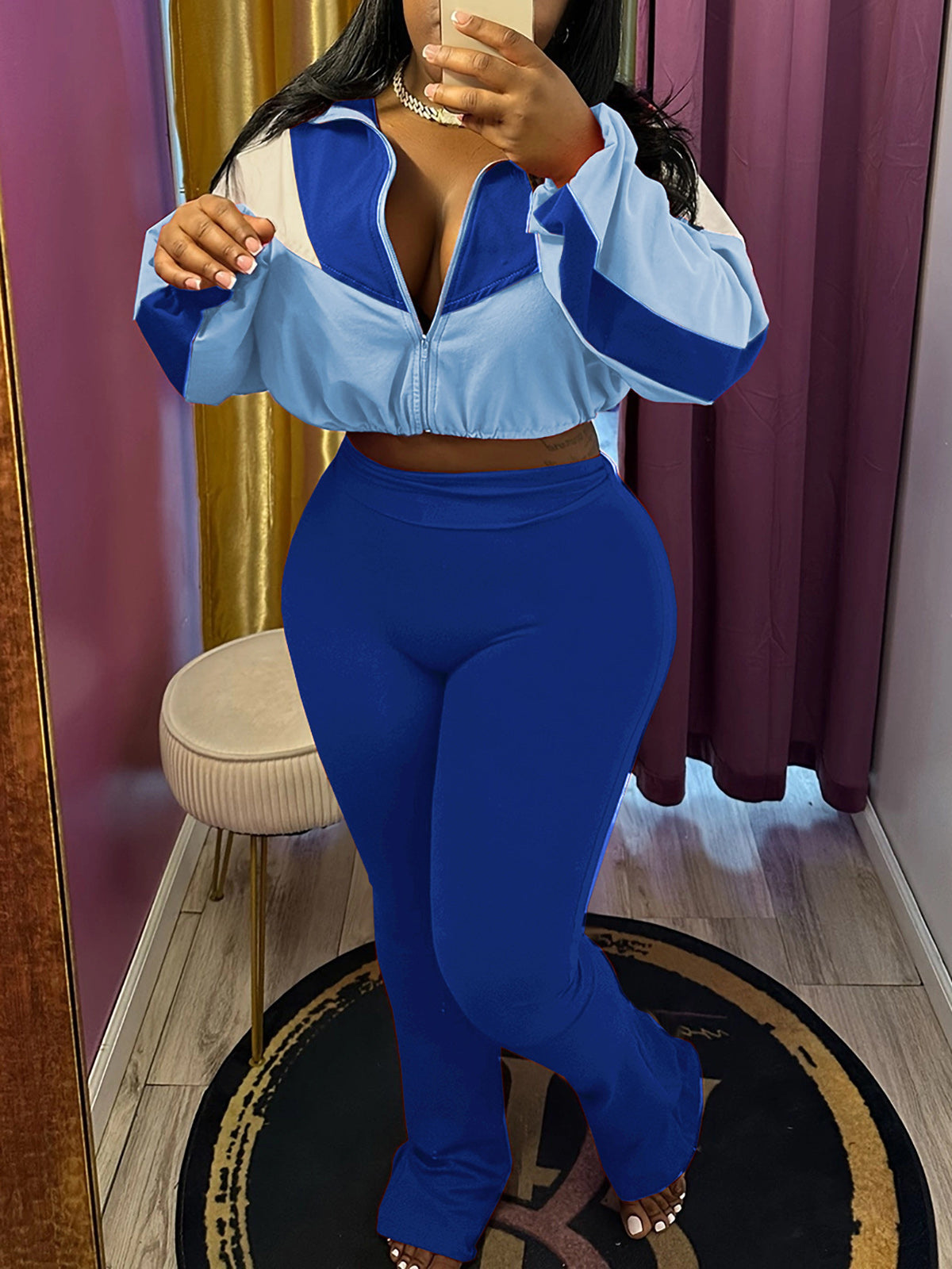 Color Block Zipper Jacket and Pants Set