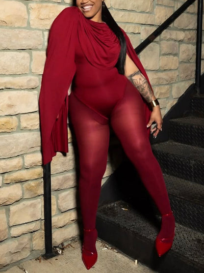 Draped Round Neck Cape Sleeve Romper