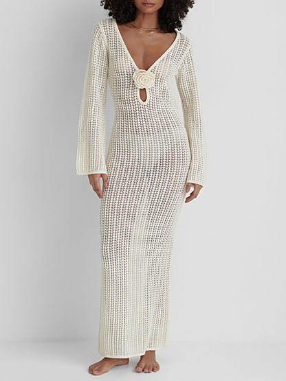 V Neck Backless Knit Beach Maxi Dress
