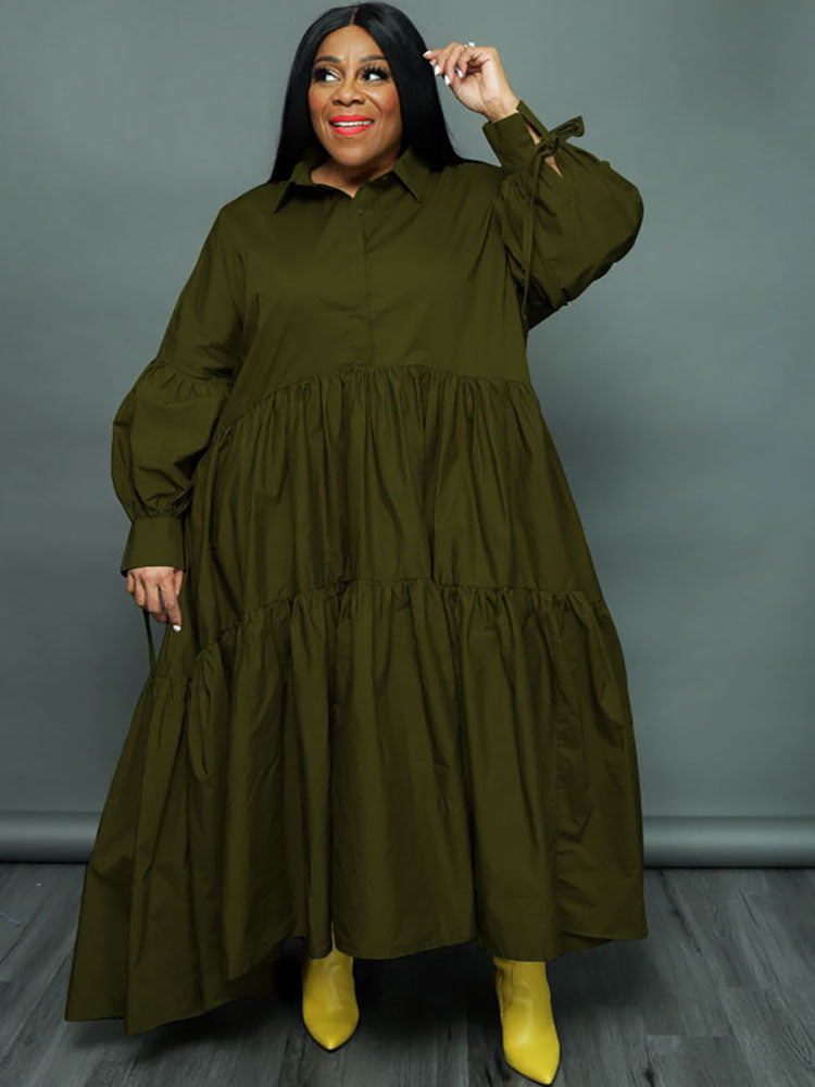 Vestidos largos con dobladillo con volantes y manga larga de talla grande