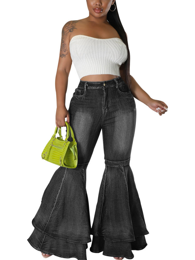 Denim High Waist Ruffle Flare Jeans