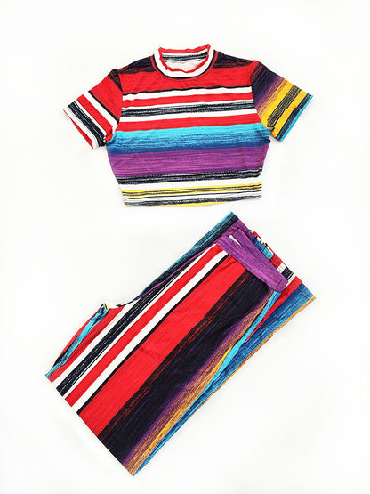 Striped Crop Top and  Wide Leg Pants Set
