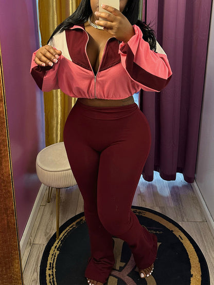 Color Block Zipper Jacket and Pants Set