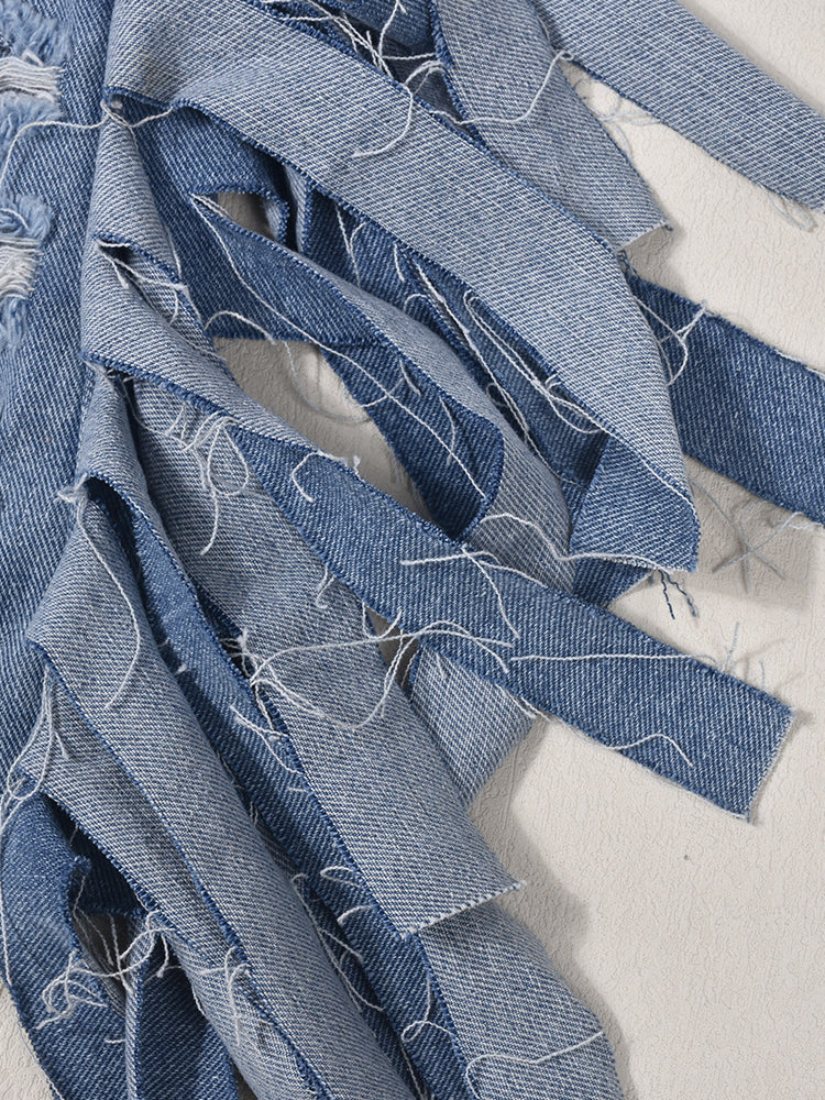 High Waist Distressed Fringe Denim Shorts