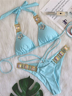 Two Piece Rhinestone Halter Bikini Swimsuit