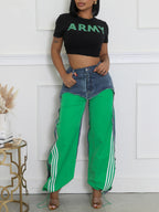 Stripe Patchwork Drawstring Denim Pants
