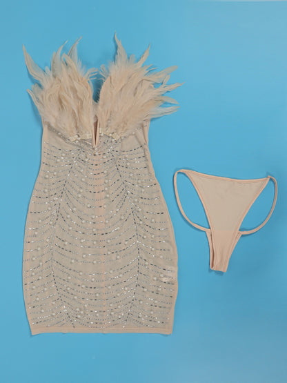 Feather Rhinestone Strapless Mini Dress