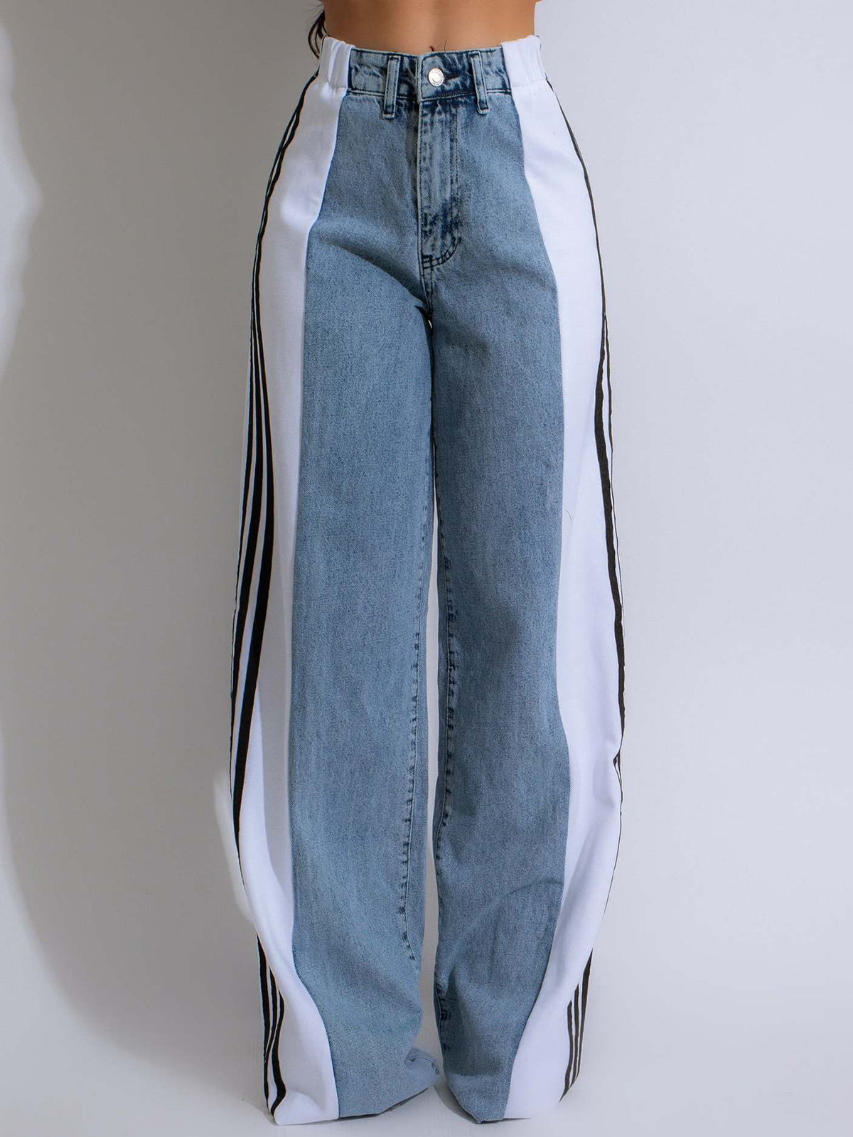 Patchwork Stripe Wide Leg Denim Pants