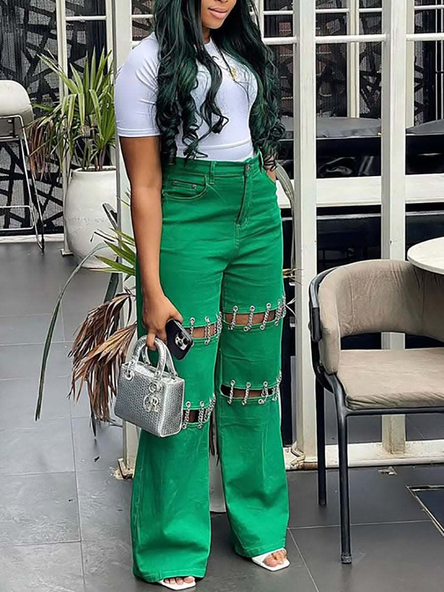 High Waist Distressed Chain Denim Pants