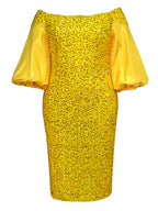 Off-Shoulder Puff Sleeves Sequin Midi Dress