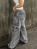 Multiple Pockets Washed Denim Cargo Jeans