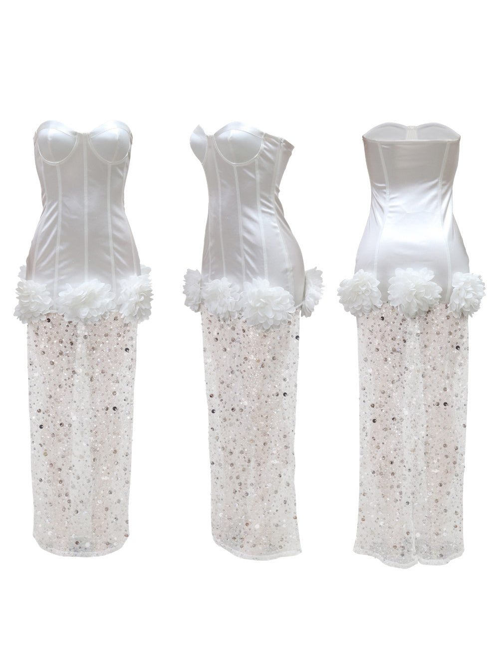 Strapless Glitter Mesh Flowers Mini Dress