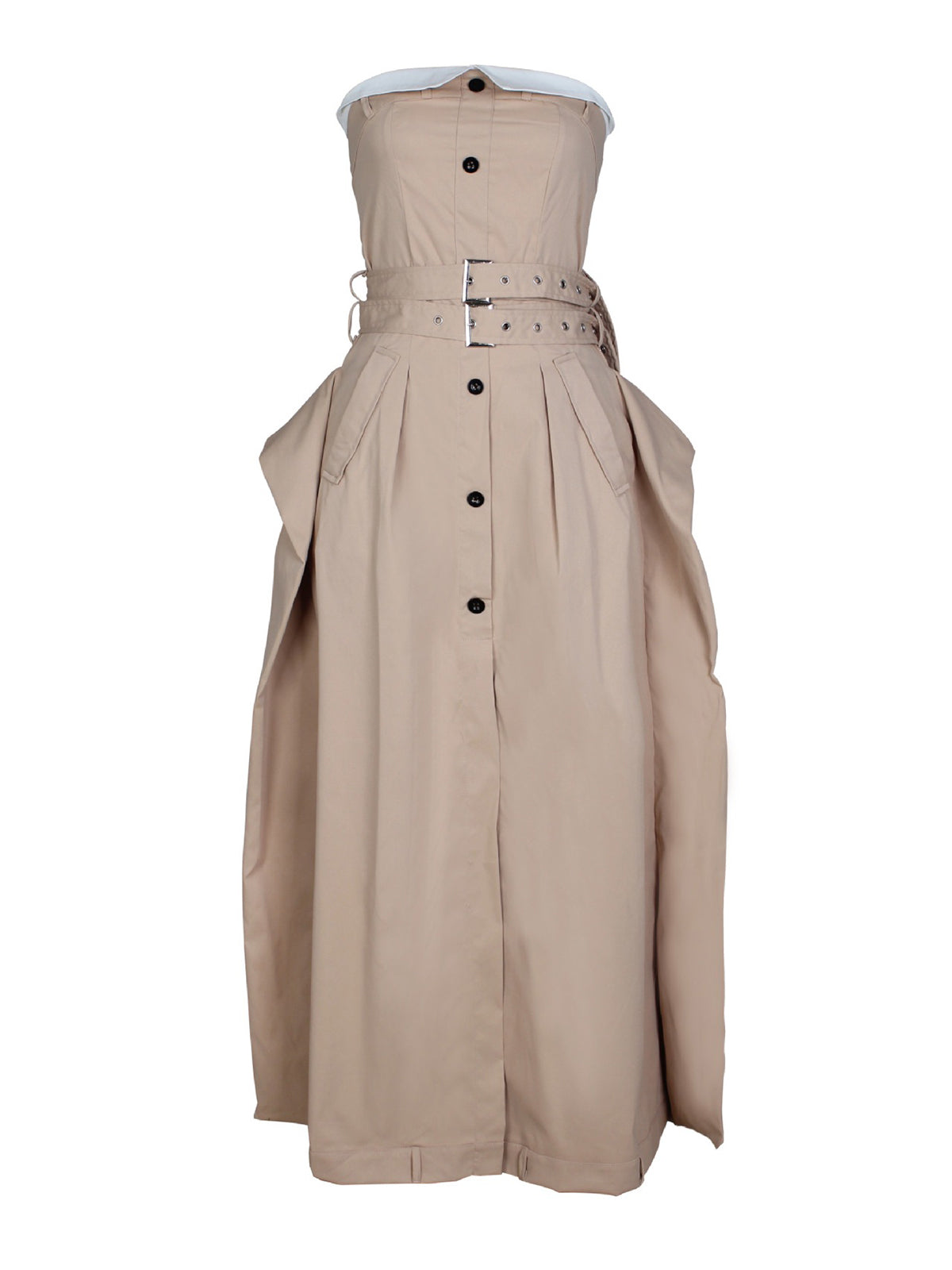 Strapless Button Front Belted A-Line Maxi Dress