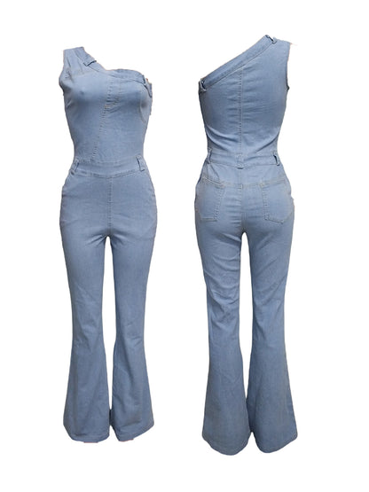 Asymmetrical Shoulder Denim Jumpsuit