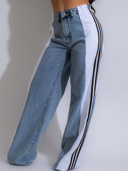 Patchwork Stripe Wide Leg Denim Pants