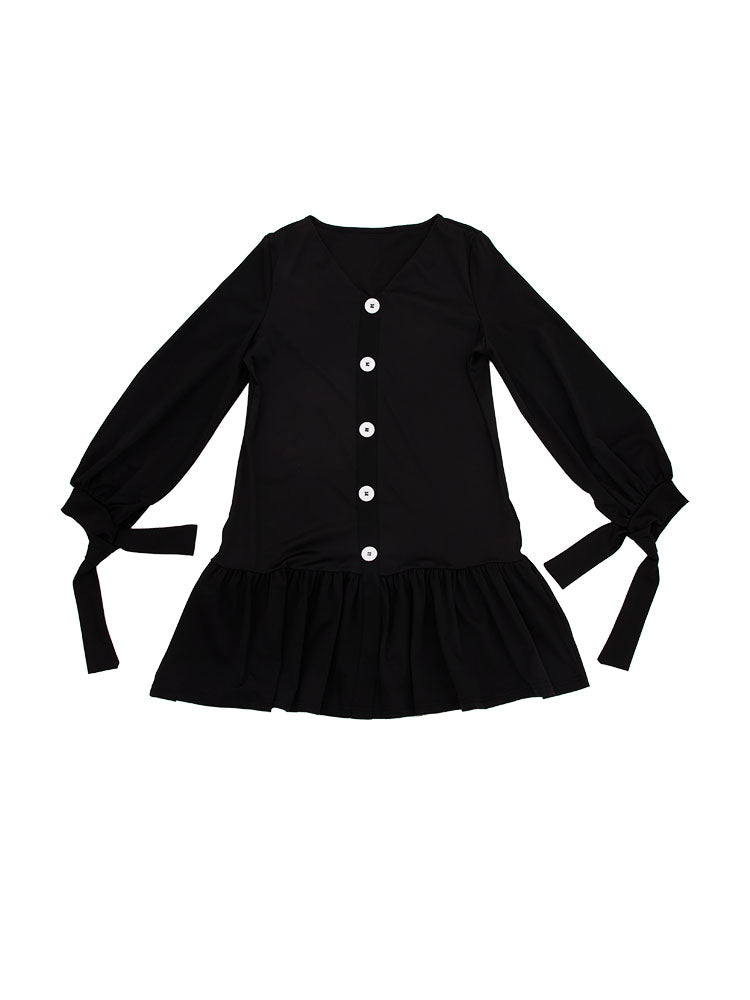 Minivestido de manga larga con botones fruncidos y cuello en V 