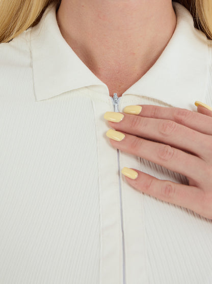 V-Neck Ribbed Striped Zipper Solid Color Mini Dress