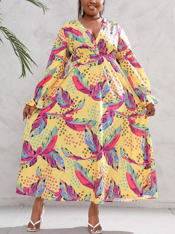 Plus Size Long Sleeve Digital Print Maxi Dress