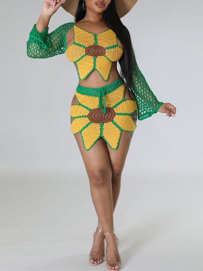 Crochet Sunflower Beach Skirt Set