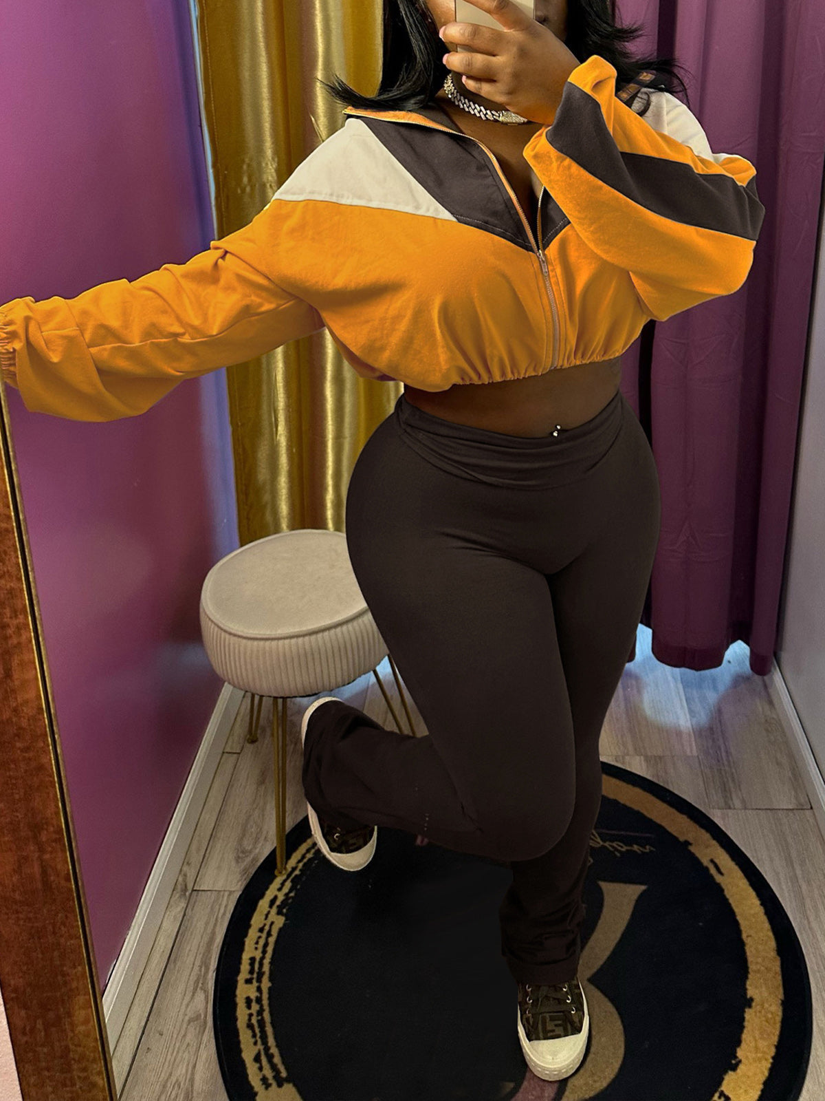 Color Block Zipper Jacket and Pants Set