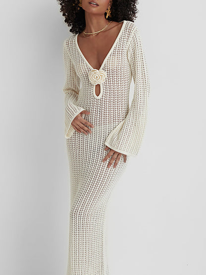 V Neck Backless Knit Beach Maxi Dress