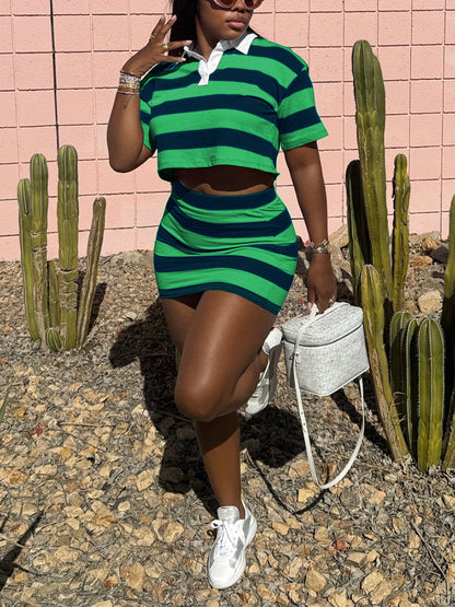 Striped Contrast Crop Top Skirt Set