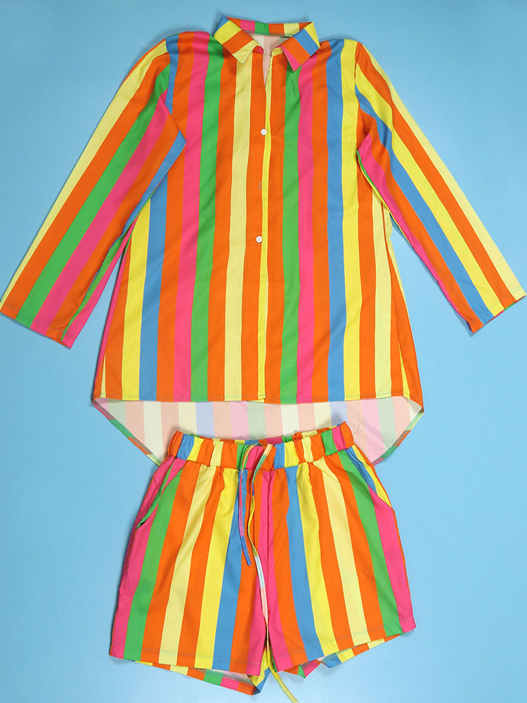 Colorful Printed Long Sleeve Shirt and Shorts Set