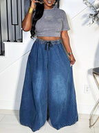 Drawstring Wide Leg Denim Pants