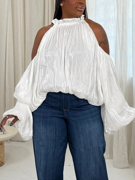 Off Shoulder Organza Lantern Sleeve Blouse