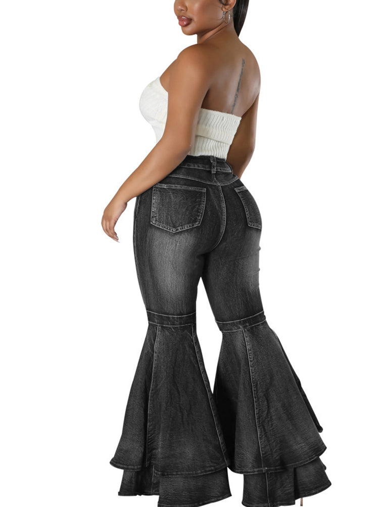 Denim High Waist Ruffle Flare Jeans
