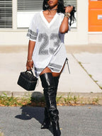 Number Graphic Rhinestone Mesh T-Shirt Dress