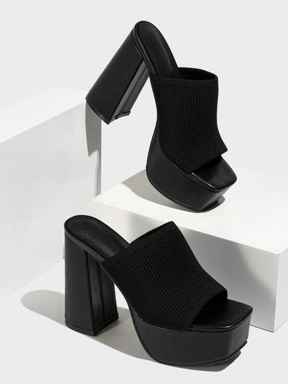 Peep-Toe Knit Platform Heels Slides