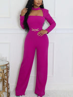 Long Sleeve Choker Waist Chain Jumpsuit