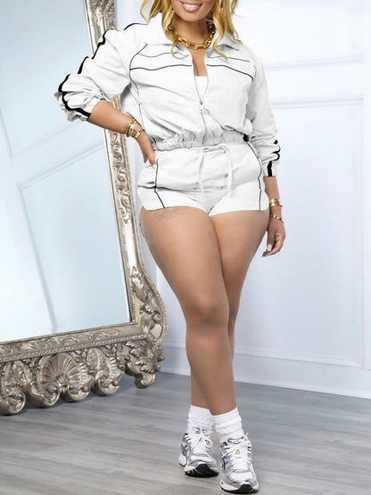 Zipper Colorblock Long Sleeve Shorts Set