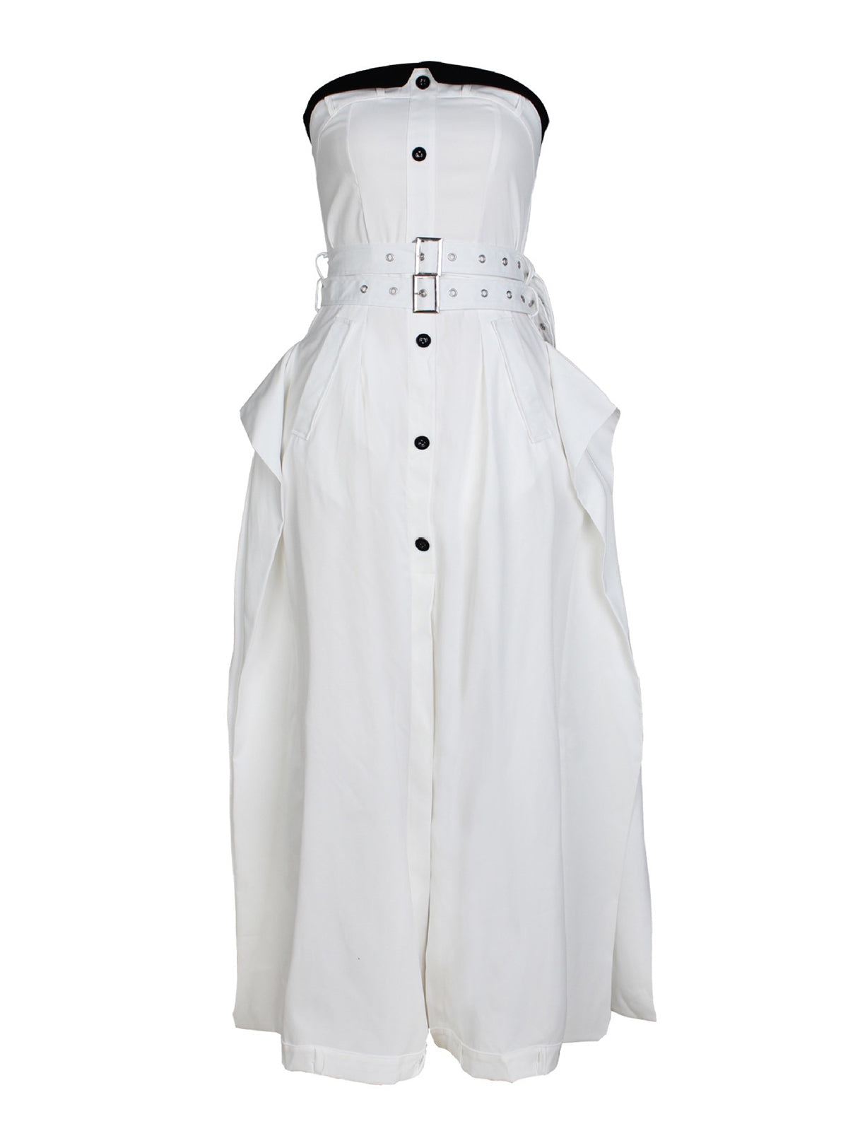 Strapless Button Front Belted A-Line Maxi Dress