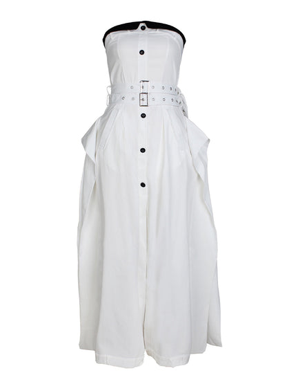 Strapless Button Front Belted A-Line Maxi Dress