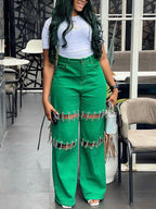 High Waist Distressed Chain Denim Pants