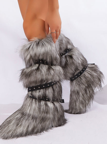 Y2K Faux Fur Cross Strap Buckle Boots