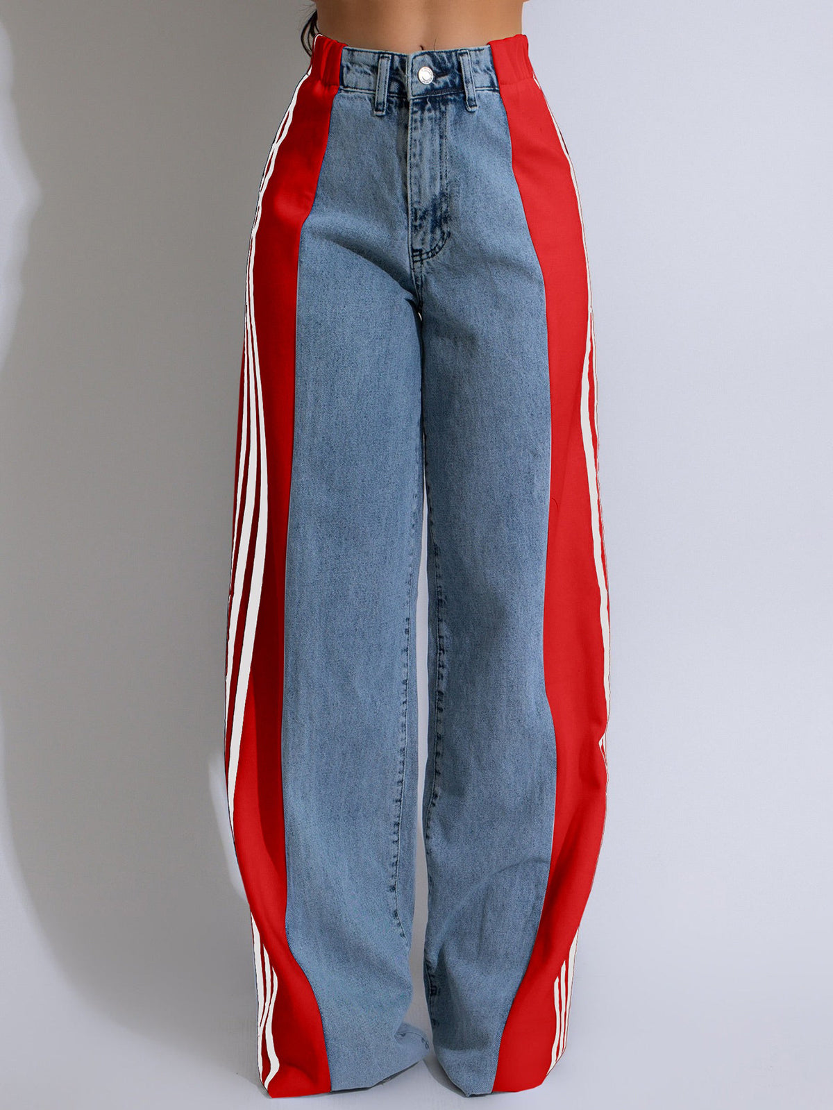 Patchwork Stripe Wide Leg Denim Pants