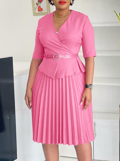 Belted Blazer Pleated Midi Dress