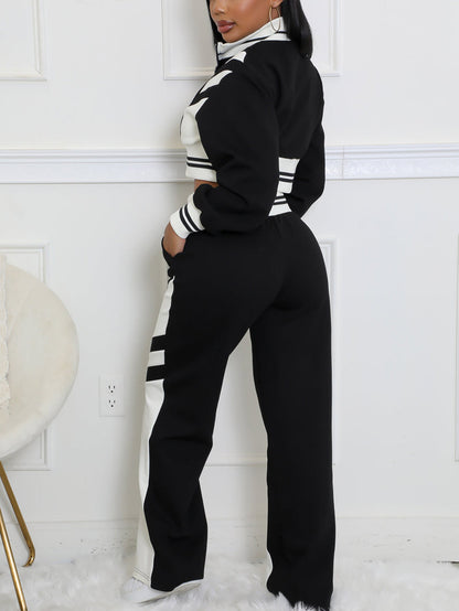 Zip Up Top Color Block Pants Set